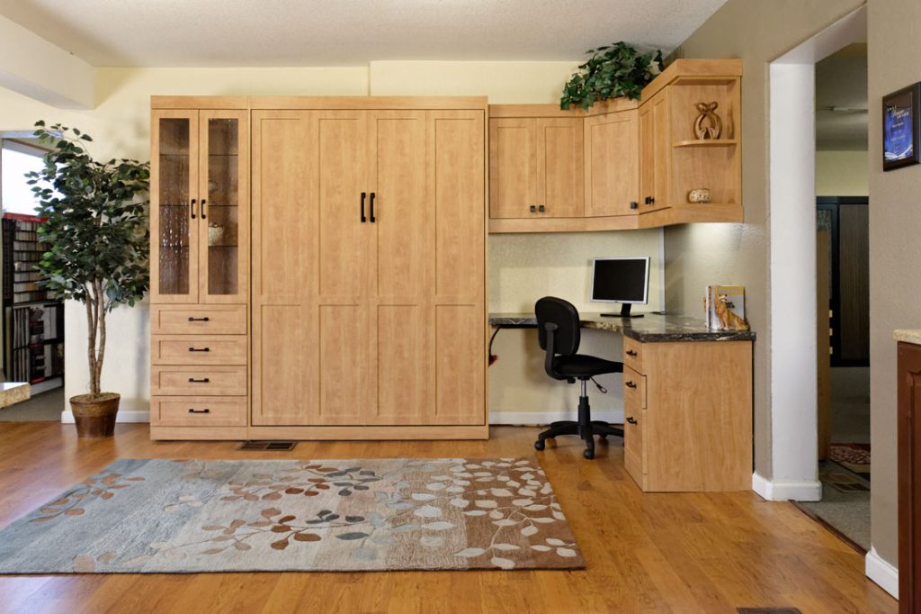 Murphy Bed + Office Space Solution, with Cabinets, drawers, shelves, desk space, and corner counter