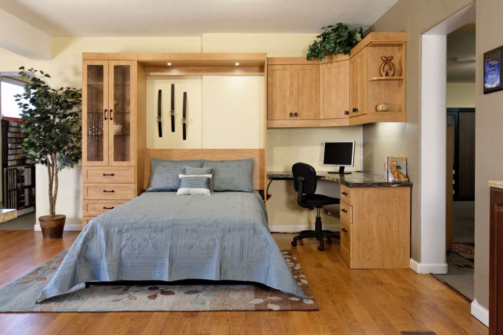 Murphy Bed + Office Space Solution, with Cabinets, drawers, shelves, desk space, and corner counter