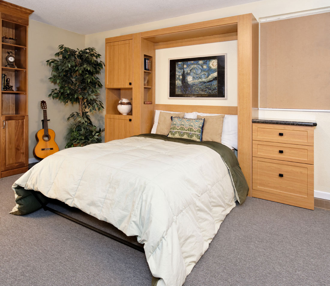 Custom home office, guest room makeover, vertical Murphy Bed installed, custom cabinetry