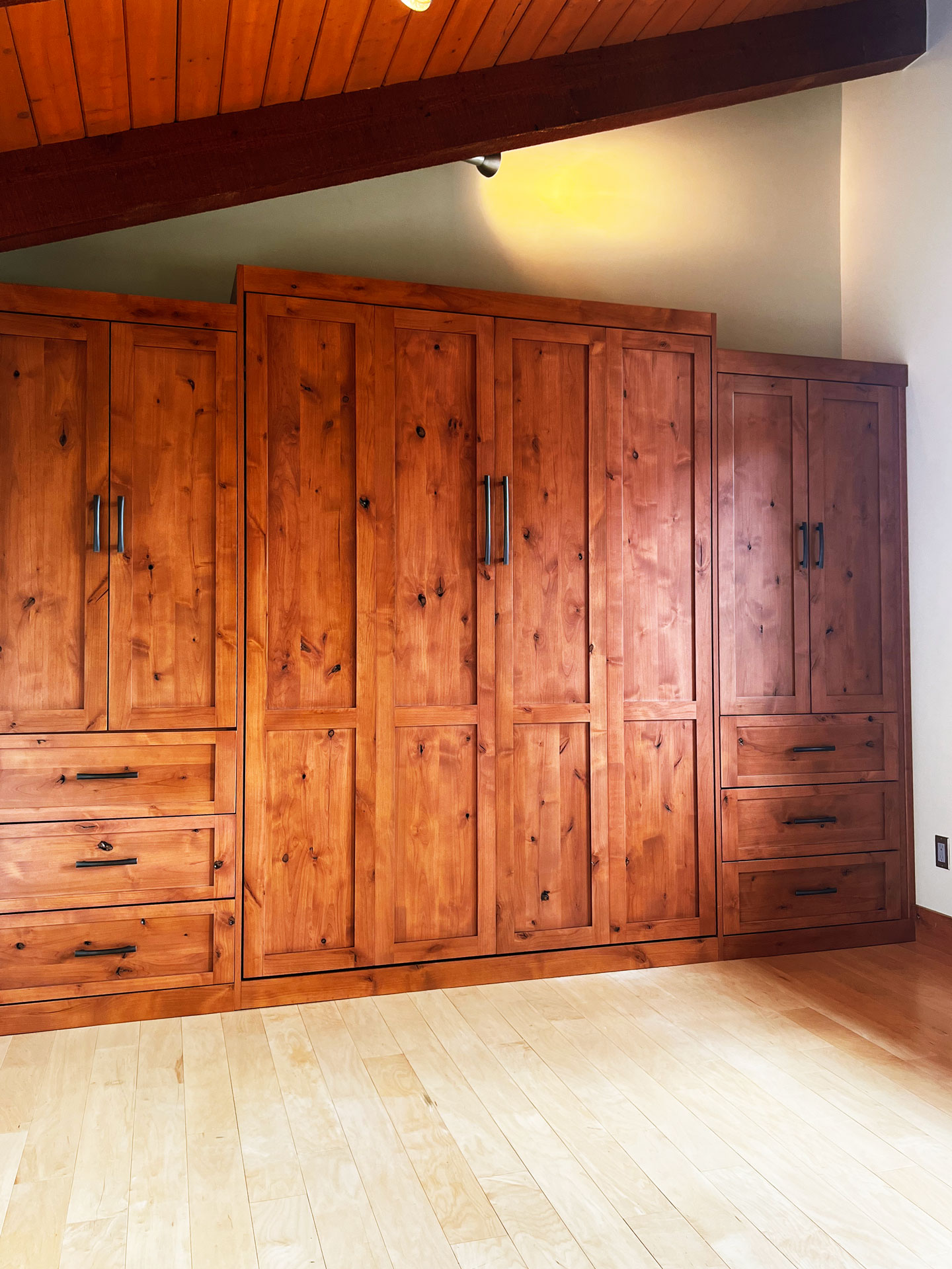 Stained-Knotty-Alder-Murphy-Bed-with-Cabinets